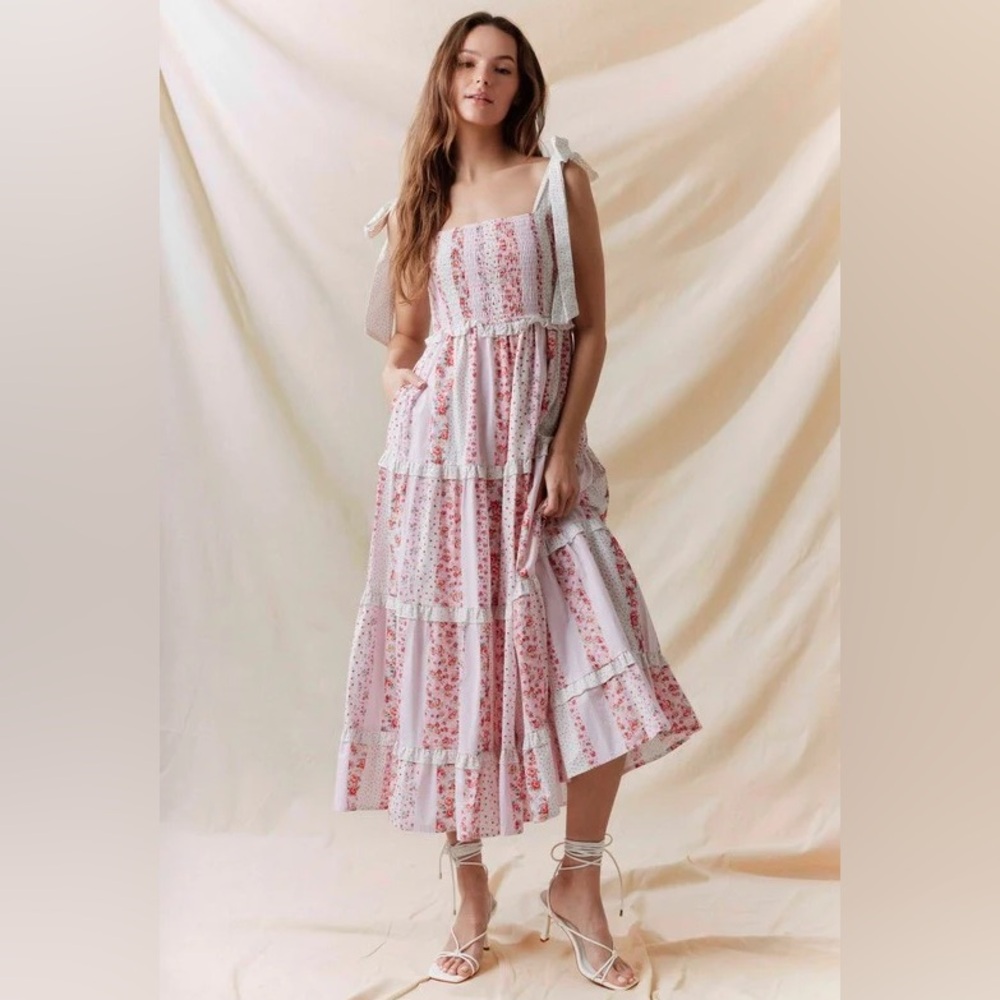 Pink Floral Smocked Midi Dress with Bows & Pockets – Cottagecore Dream